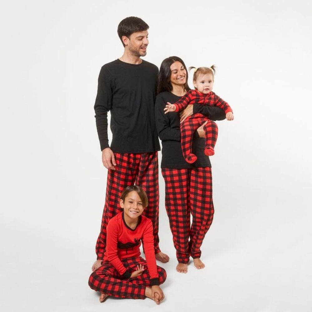 Leveret Kids Footed Fleece Matching Family Pajama Plaid Black & Red 6-12